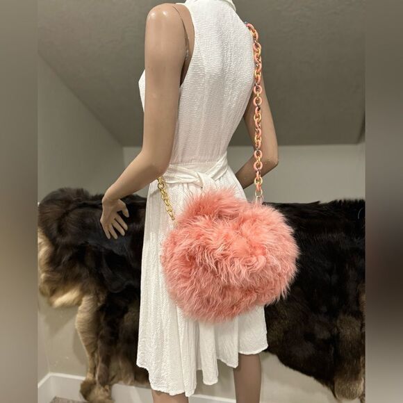 Flamingo Pink Real Curly Shearling Handmade Top HandleBag/Shoulder Bag/Crossbody - Picture 8 of 16